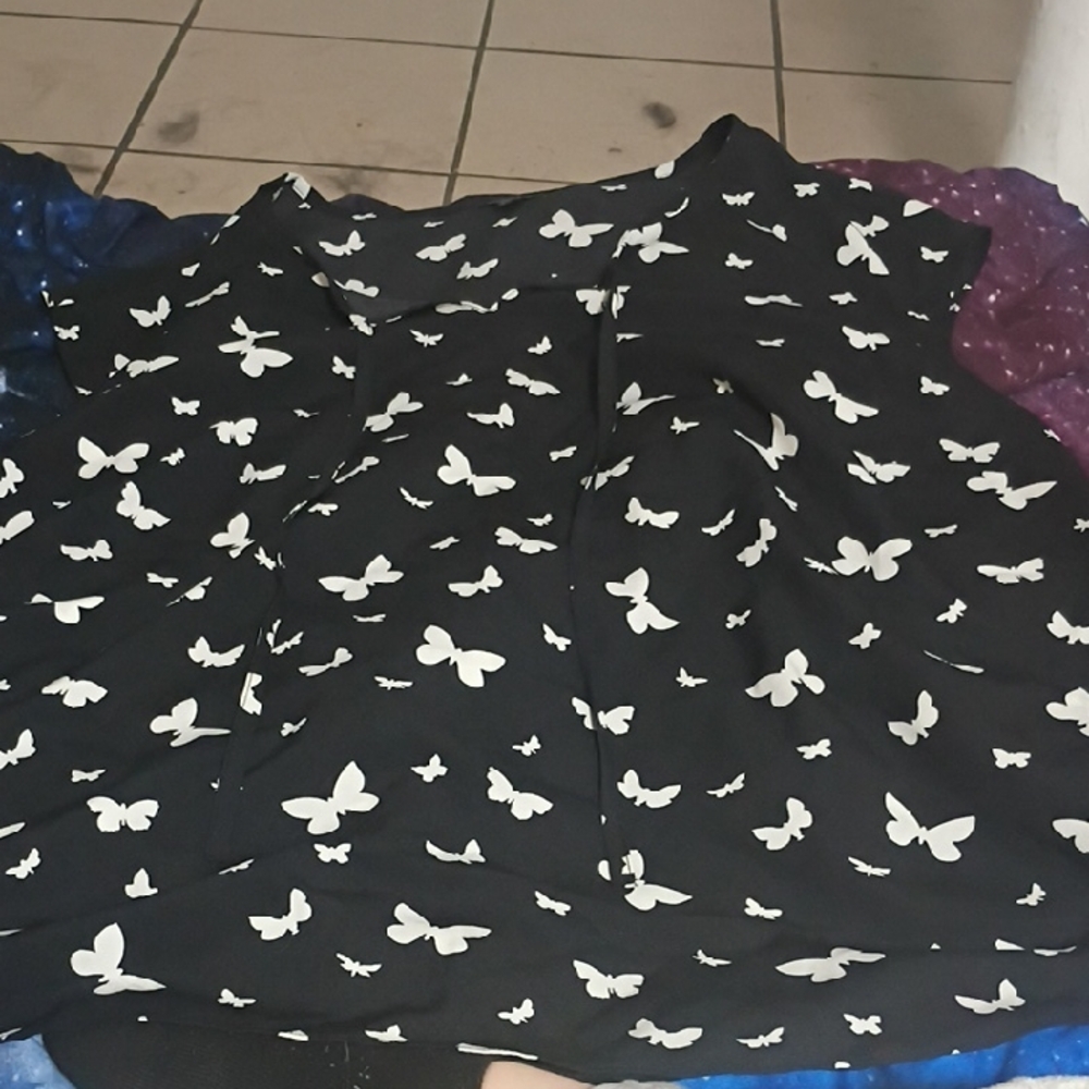 Black with White Butterfly Print Sleeveless Shirt